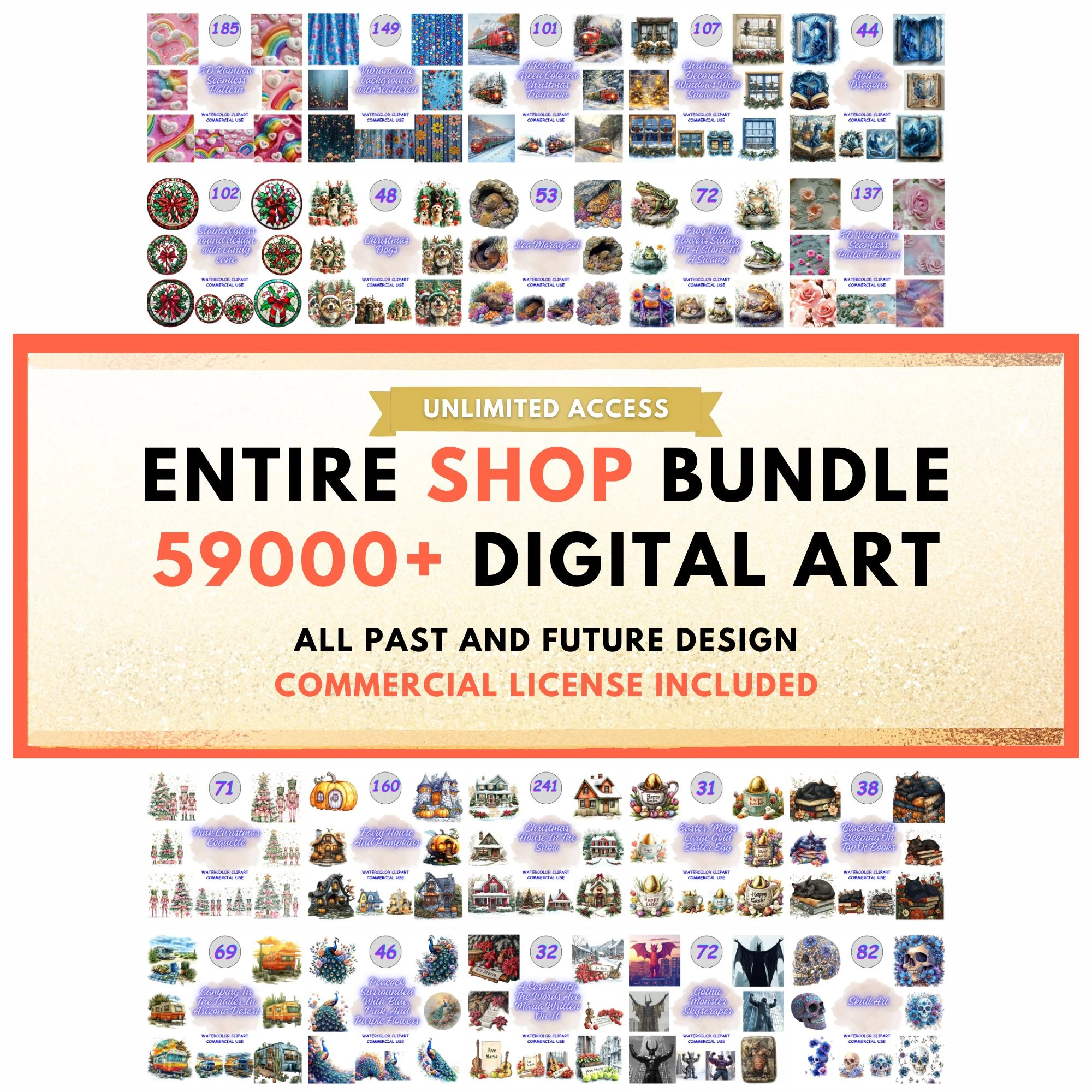 59000+ Watercolor Clipart Bundle featuring entire shop access. Massive collection of landscapes, patterns, and animals. Commercial use PNGs for sublimation.