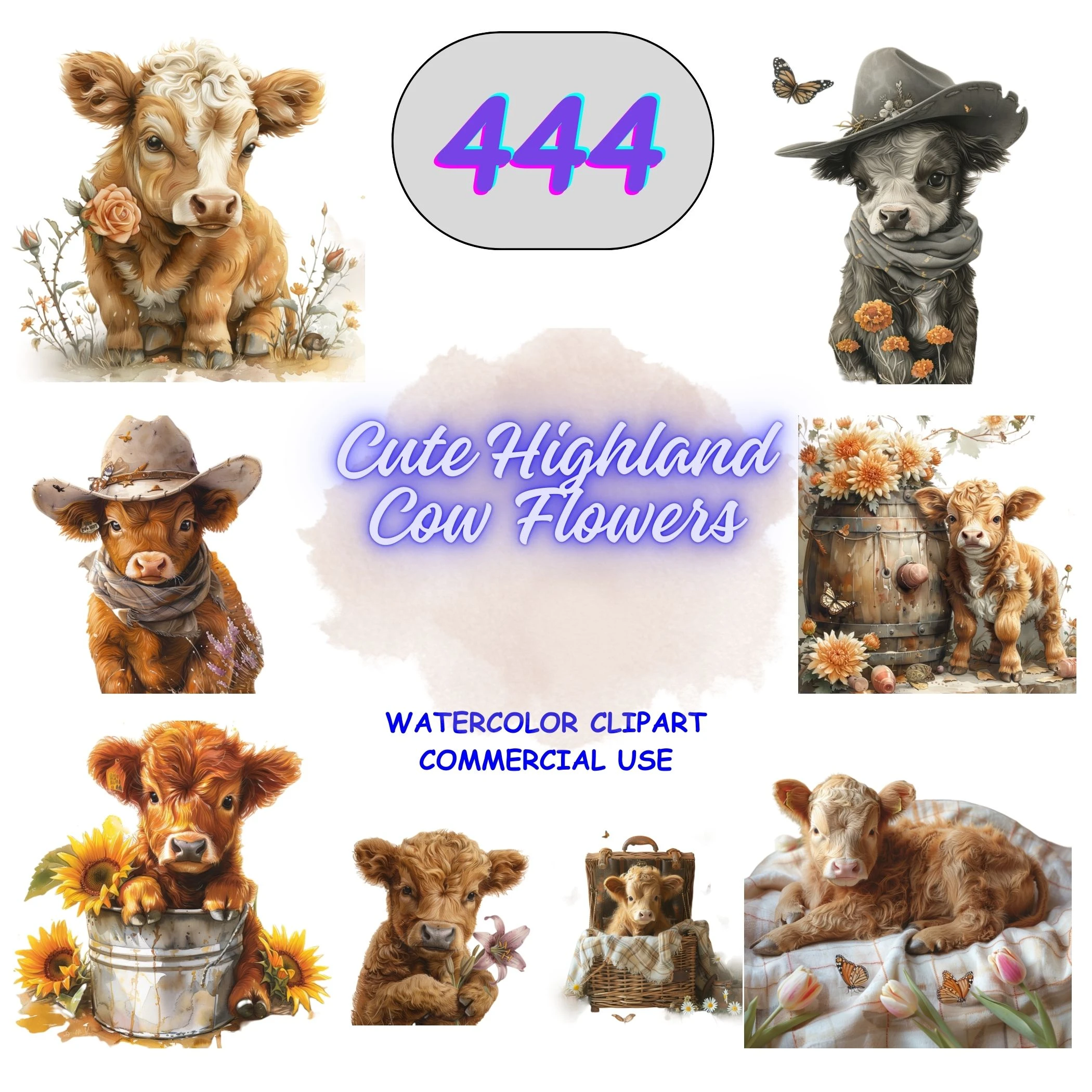 444 Watercolor Highland Cow Flowers Clipart Bundle featuring calves in hats and floral buckets. Massive collection of commercial use PNGs for digital scrapbooking.