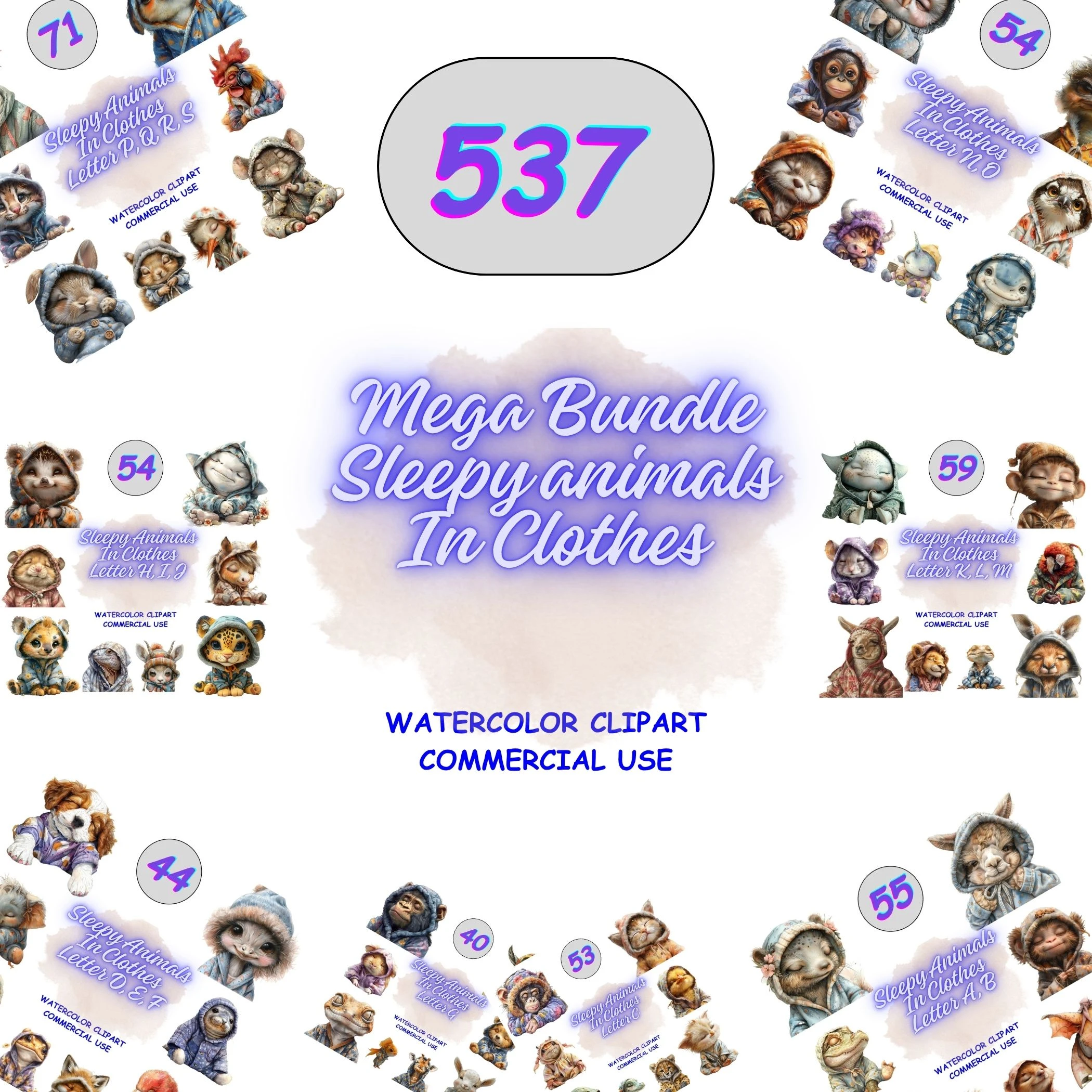 Mega Bundle Sleepy Animals in Clothes clipart collection. Grid view showing a large variety of watercolor animals in pajamas for nursery stickers and scrapbooking.
