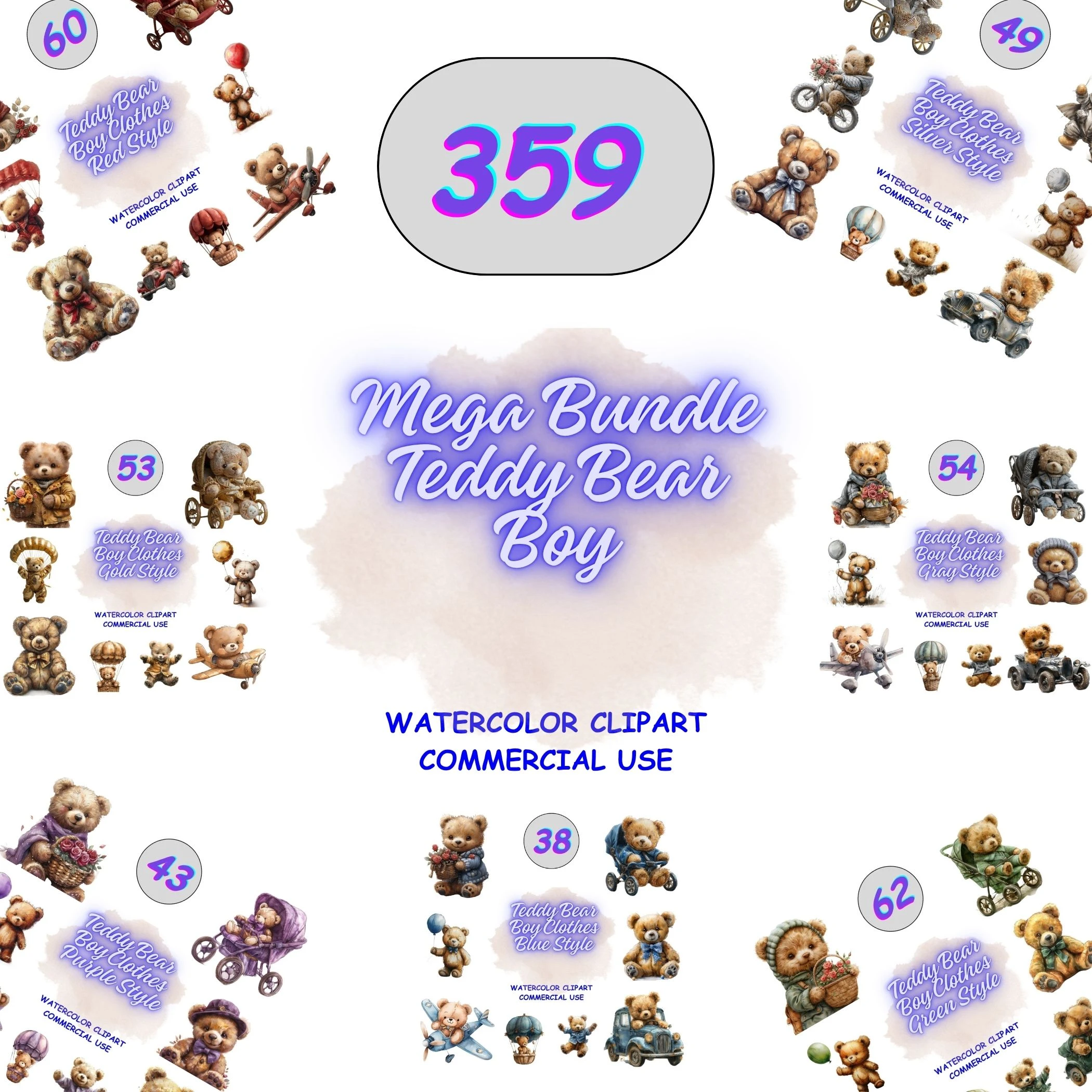 359 Mega Bundle Teddy Bear Boy Clipart collection showing an assortment of bears in red, blue, green, and gold clothes. Huge variety for commercial use sublimation and POD.