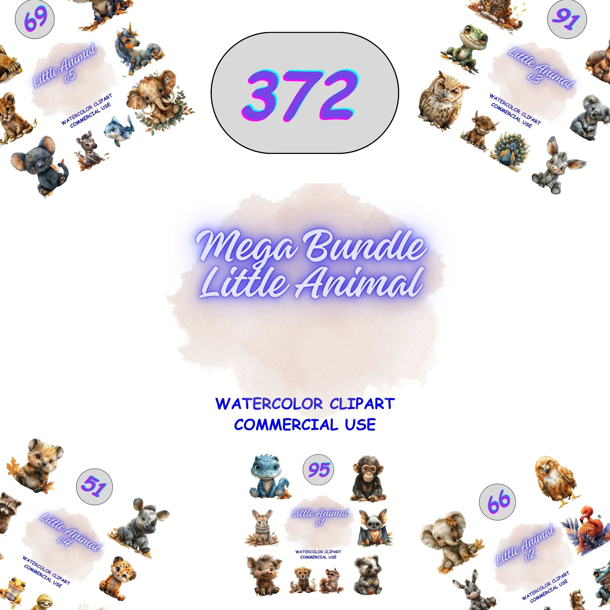 372 Baby Animal Mega Bundle featuring a massive collection of watercolor creatures like elephants, monkeys, and owls. Large assortment of high-quality PNGs for commercial use.