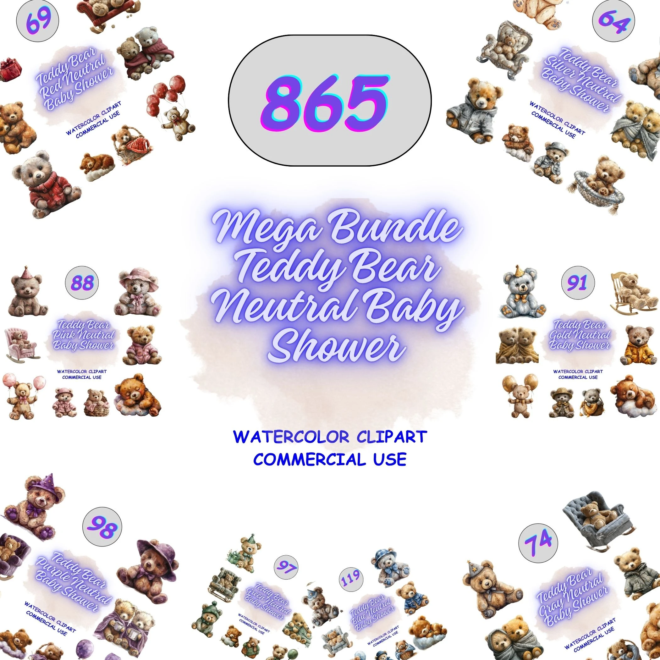 Mega Bundle Teddy Bear Neutral Baby Shower collection preview. Grid view showing hundreds of bears in red, blue, pink, gold, and purple themes. Perfect for large POD projects.