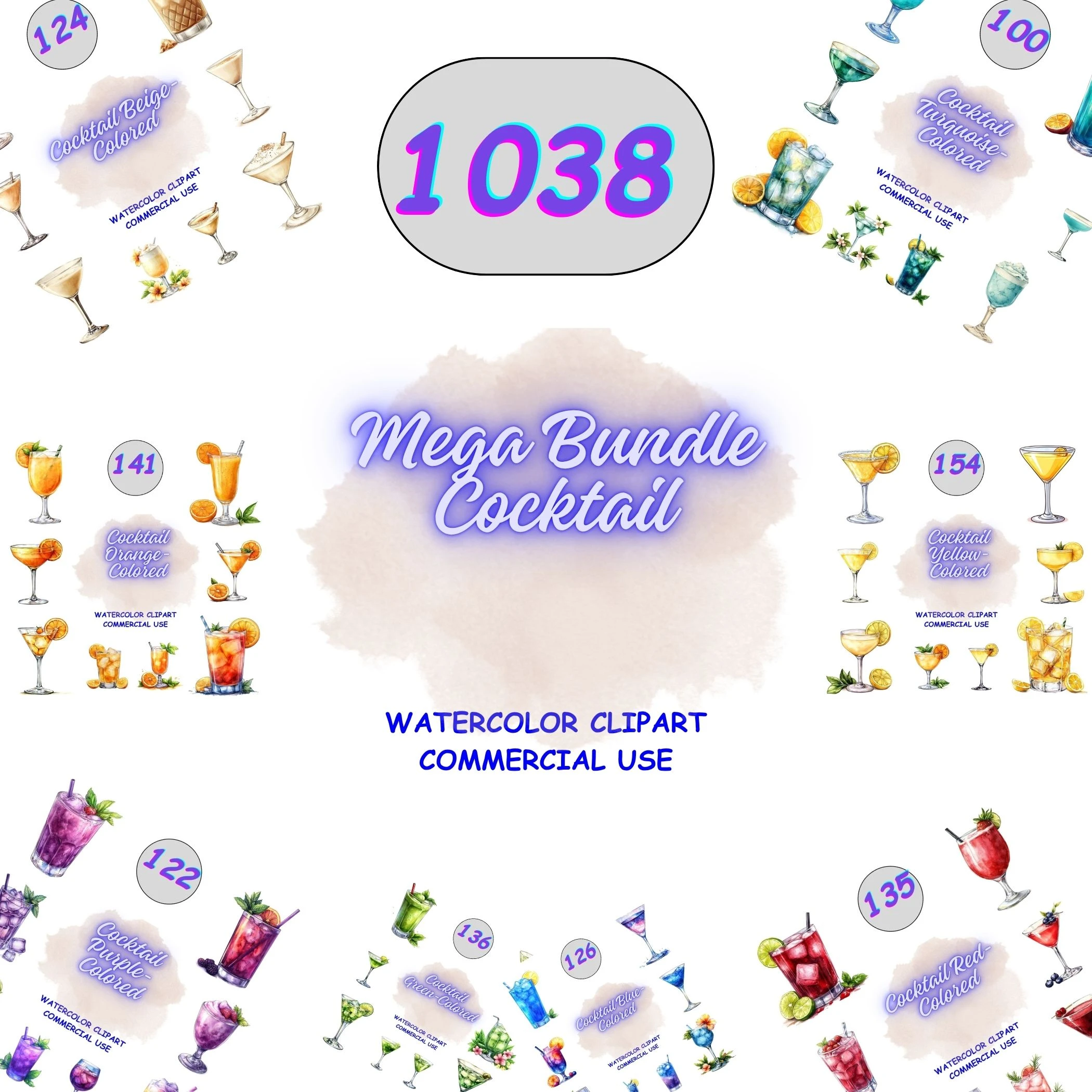 1038 Cocktail Mega Bundle featuring a massive collection of rainbow-colored watercolor drinks. Grid view preview of diverse beverage styles, perfect for scrapbooking and POD.