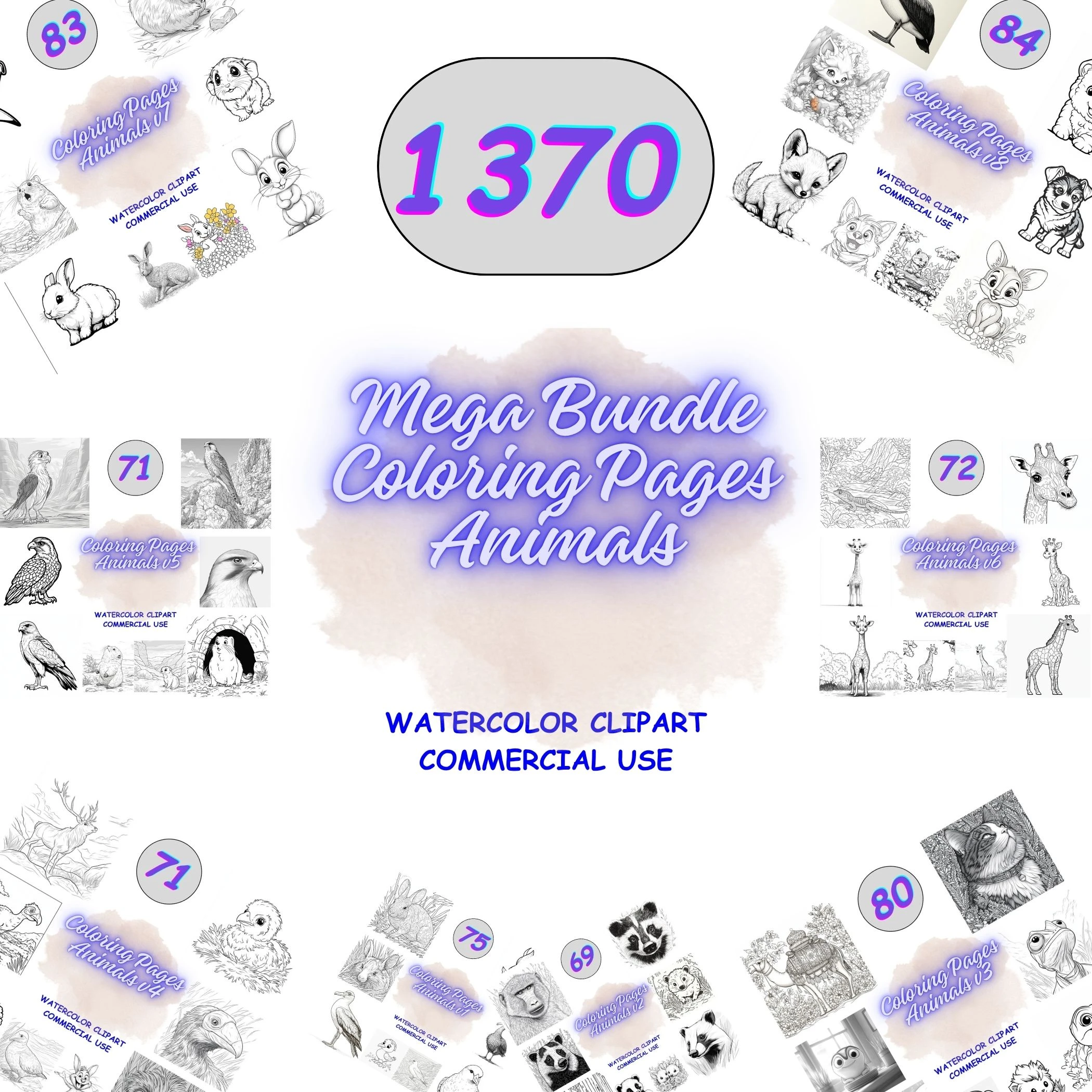 Mega bundle of 1370 animal coloring pages including pets, wildlife, and fantasy creatures. Massive JPG collection for commercial use, POD, and digital journaling.