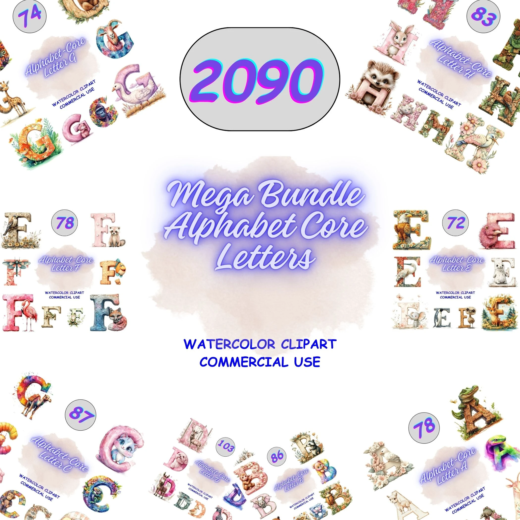 2090 Animal Alphabet Letters Mega Bundle featuring decorative initials with cute creatures and floral elements. Grid view showing a massive variety of styles for educational resources.
