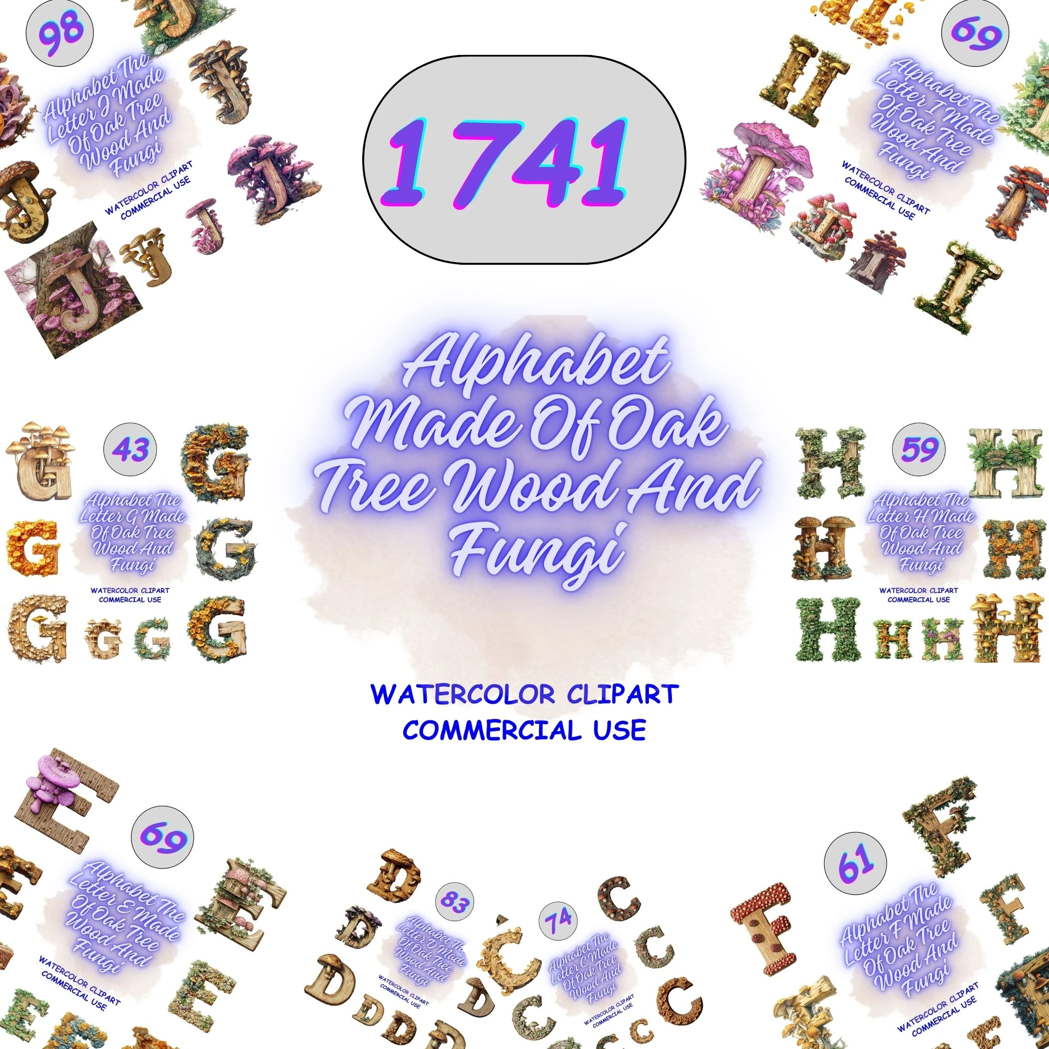 1741 Alphabet Made Of Oak Tree Wood And Fungi collection preview. Grid view showing letters A to J with forest mushroom themes. Perfect for educational resources.