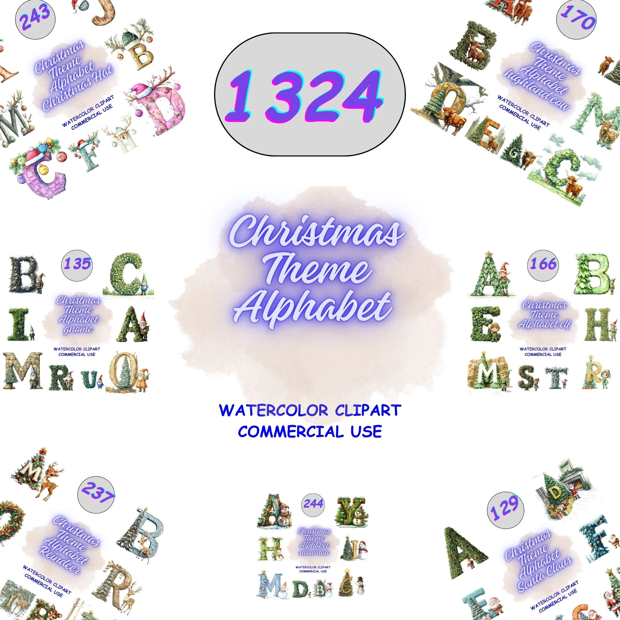 1324 Christmas Theme Alphabet Clipart Mega Bundle. Watercolor letters featuring reindeer, gnomes, highland cows and Santa. High resolution PNGs for personalized holiday POD.
