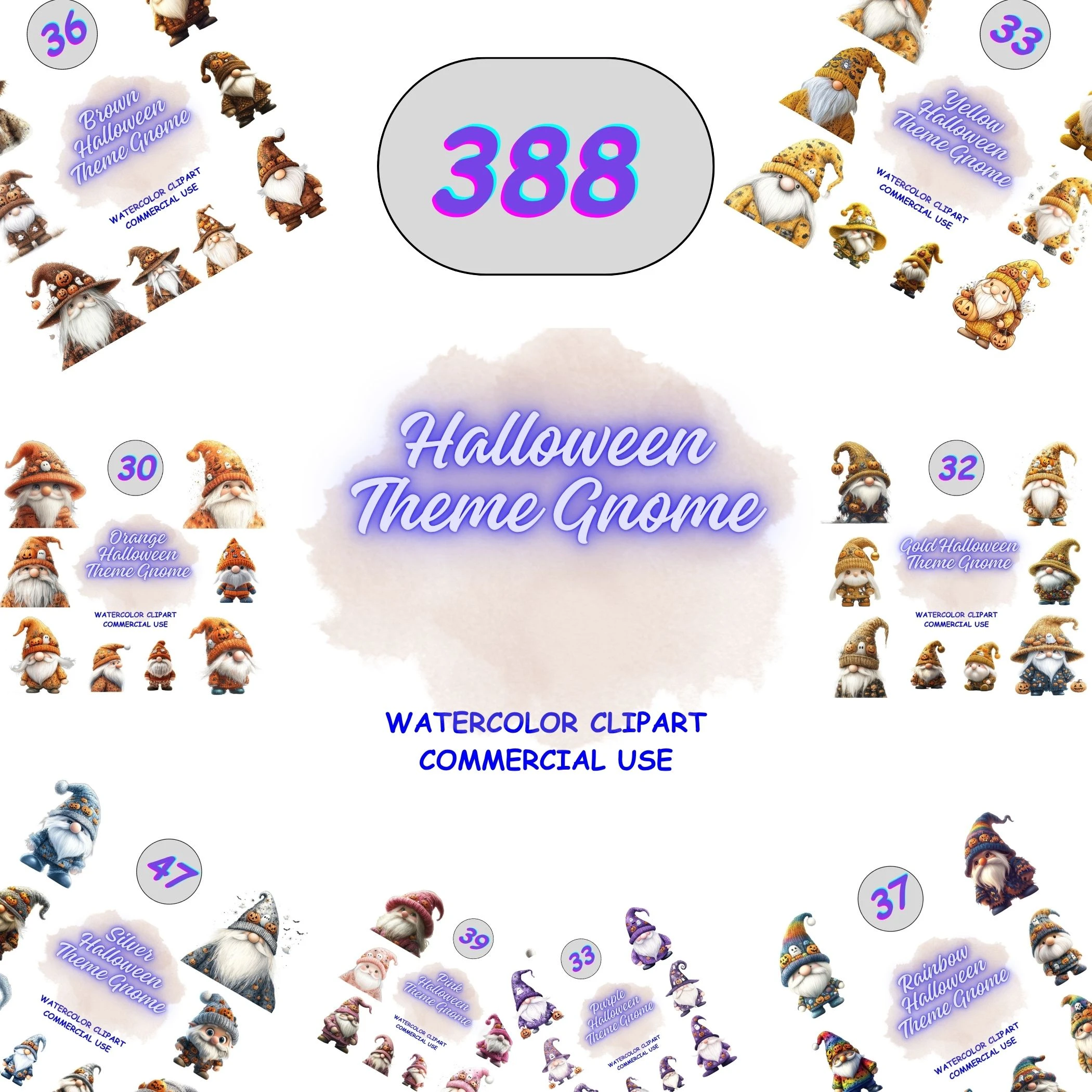 Halloween Theme Gnome collection preview showing a variety of colors including brown, yellow, and rainbow. Grid view of 388 whimsical gnomes for commercial use.
