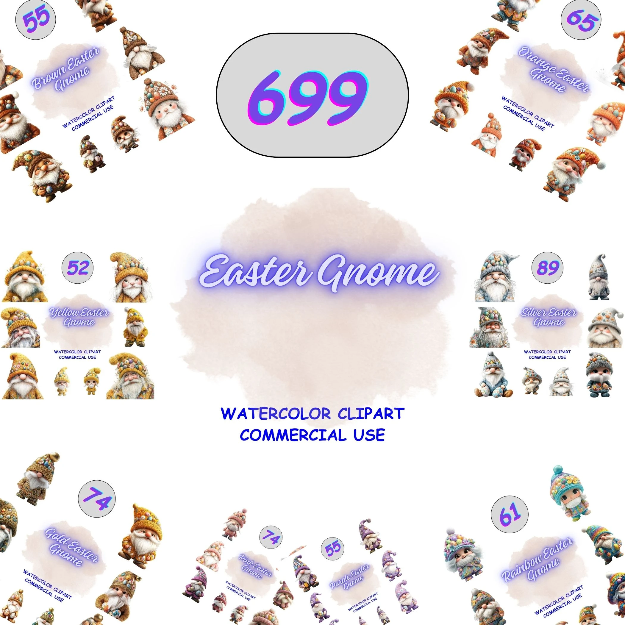 699 Easter Gnome Clipart Mega Bundle full collection preview. Assortment of styles including rainbow, silver, and gold gnomes. Perfect for stickers and planner layouts.