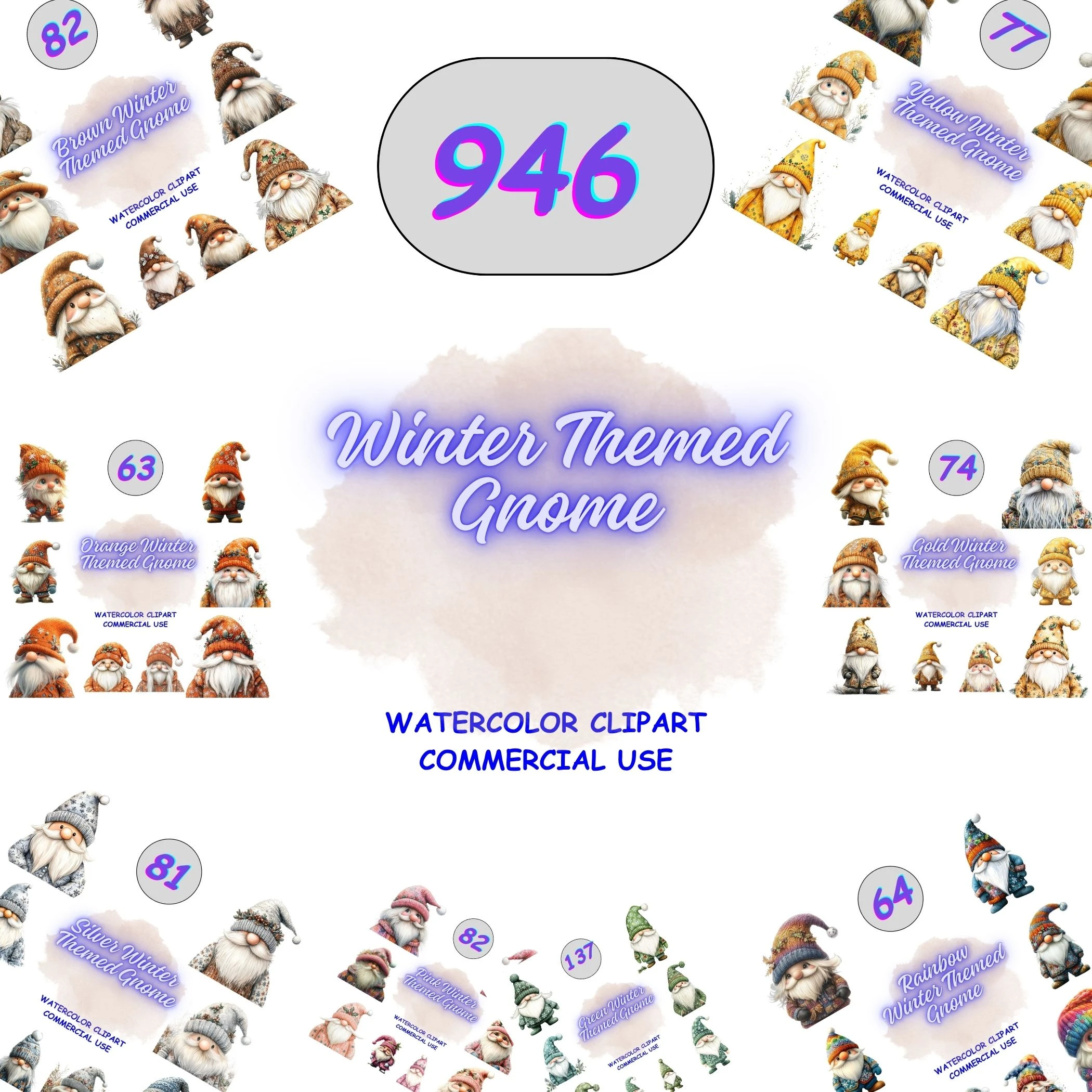 946 Winter Themed Gnome Clipart collection featuring various colors from silver to rainbow. Large bundle for seasonal planners, stickers, and digital scrapbooking.
