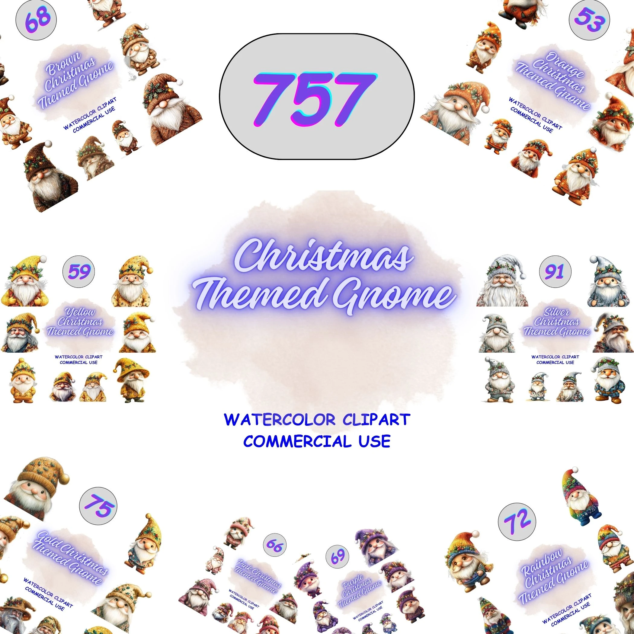 757 Christmas Gnome Clipart Bundle preview showing colorful variations including pink, purple, and rainbow styles. Full collection for planners and sublimation projects.