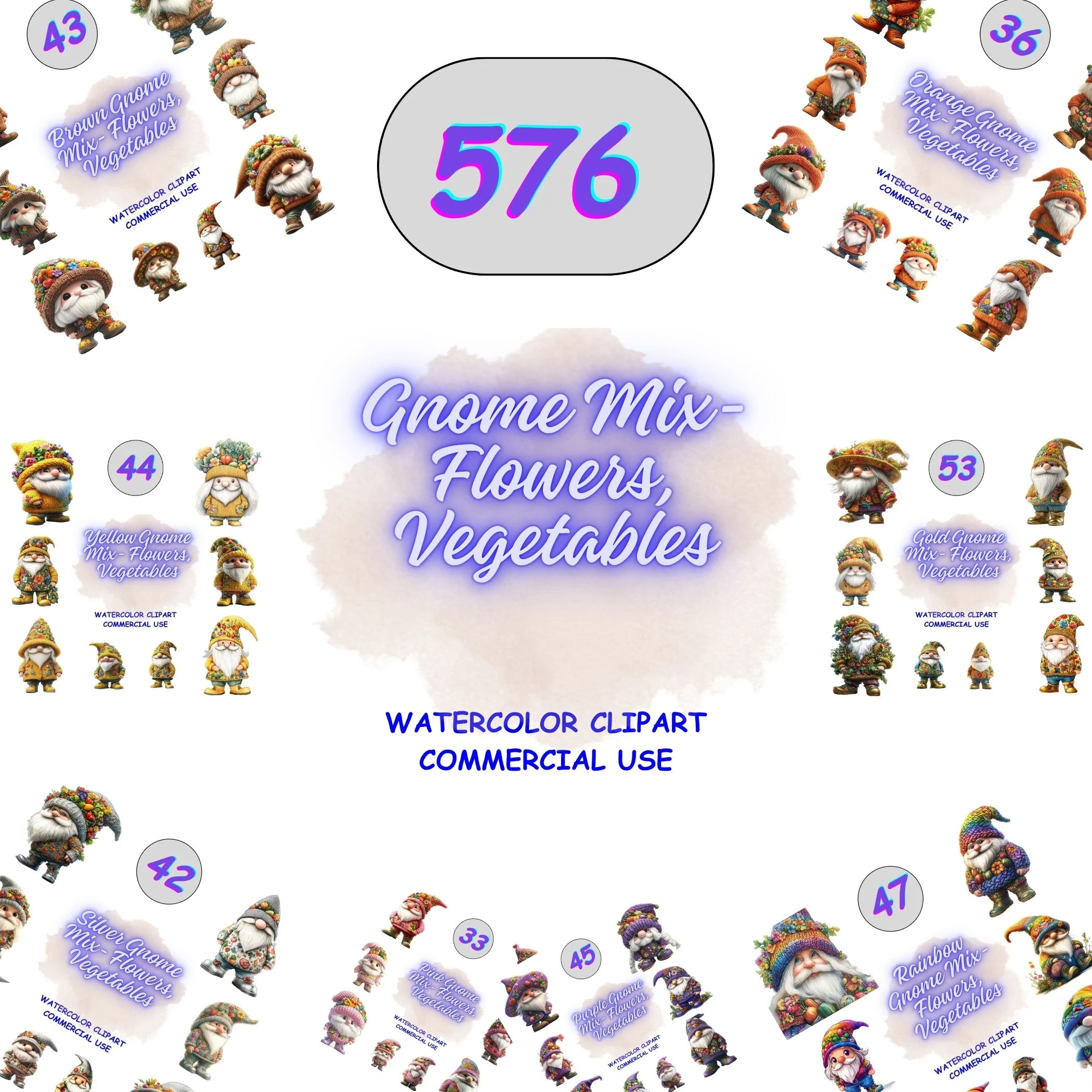 576 Gnome Mix Clipart Bundle preview showing an massive assortment of colors including pink, blue, and rainbow gnomes. Grid view of full collection for stickers and POD.
