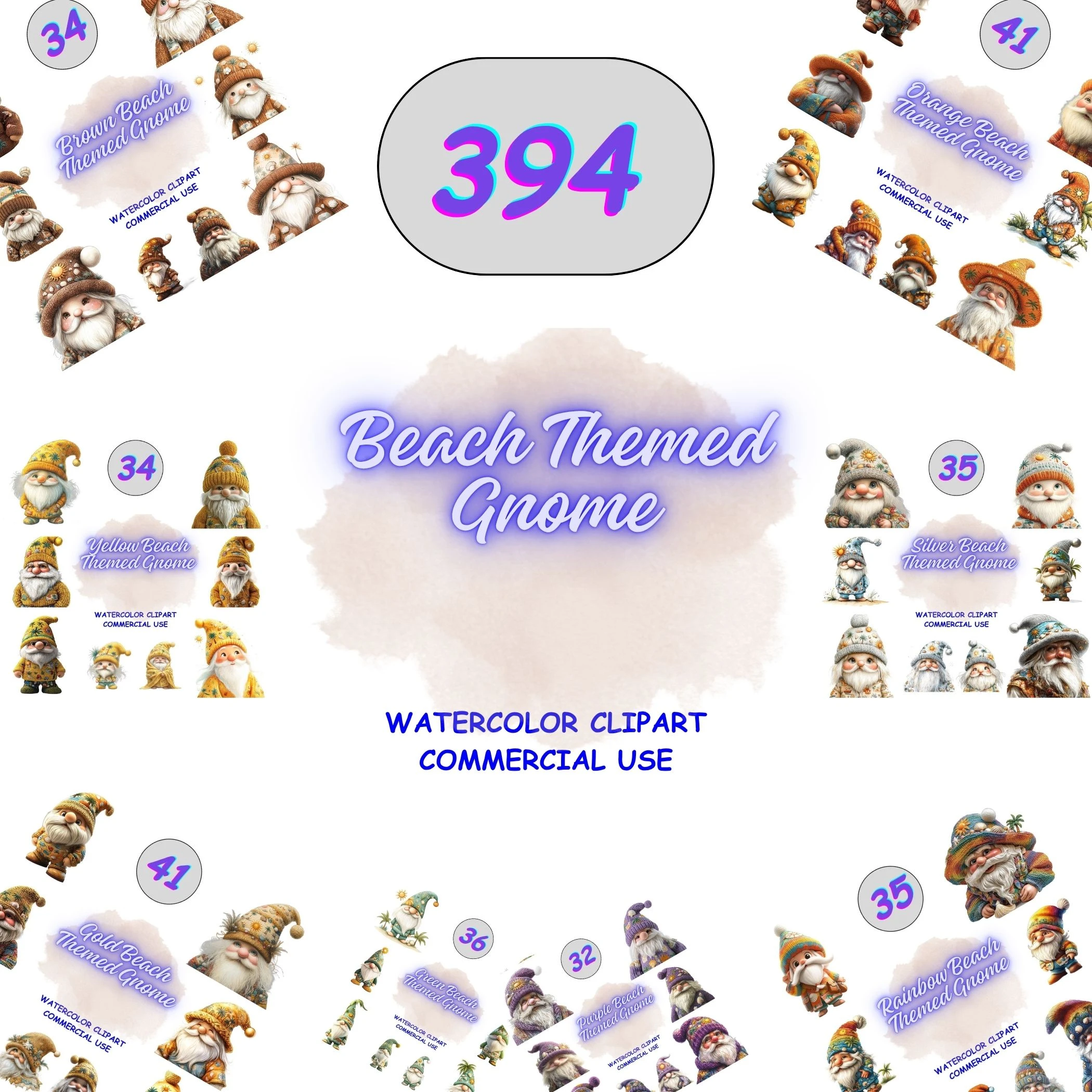 394 Beach Themed Gnome Clipart Mega Bundle with a full collection preview of various colors including pink, blue, and gold. Perfect for stickers, scrapbooking and planner layouts.
