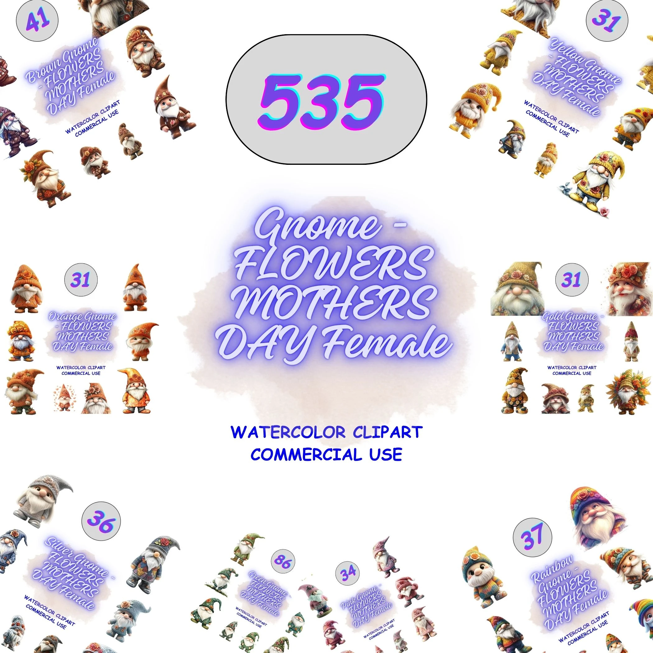 Gnome Flowers Mother's Day Female Clipart collection preview. Grid view showing 535 watercolor gnomes in various colors like pink, blue, and gold. Perfect for large craft projects.