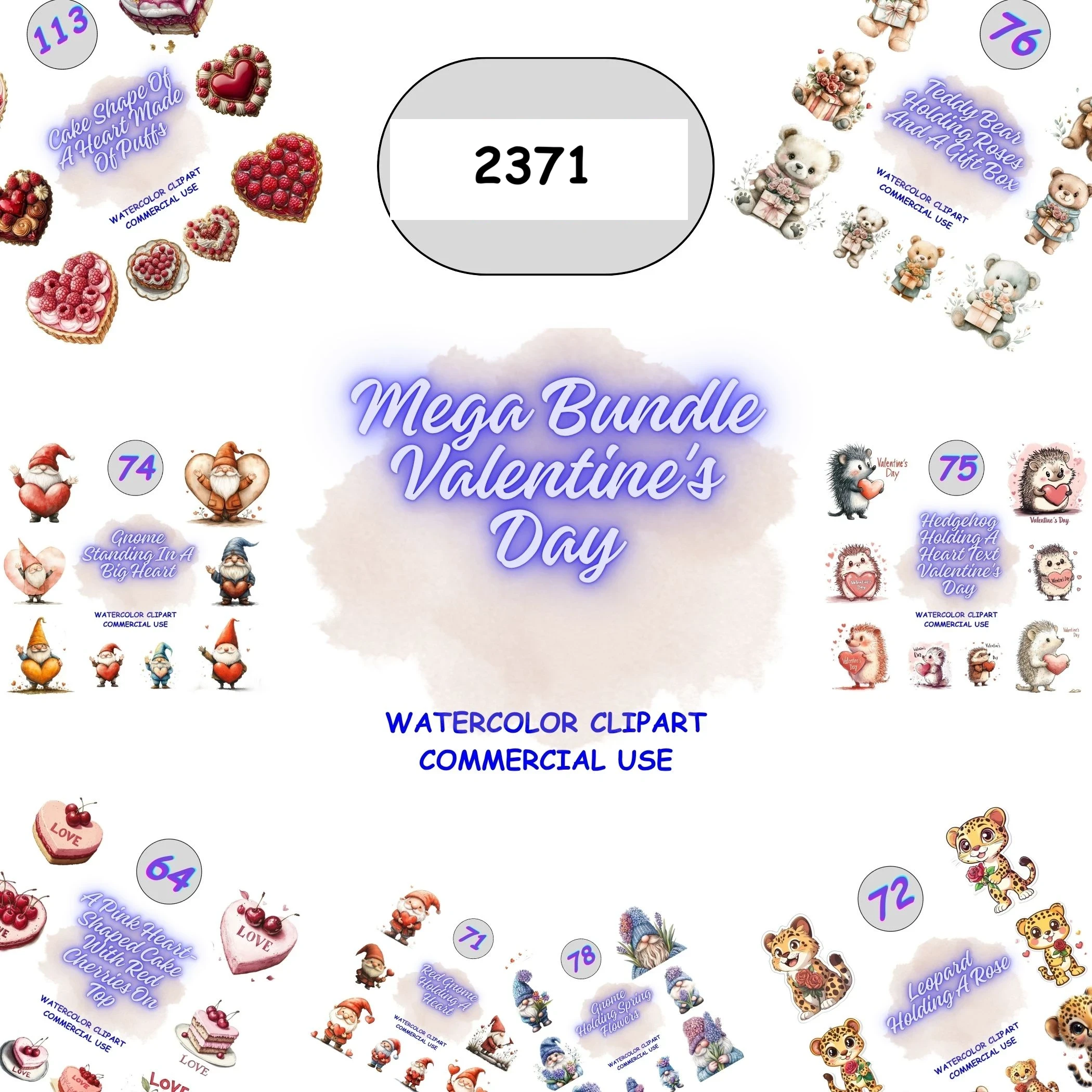 Mega Bundle Valentine's Day Clipart collection preview. Grid view showing variety of bears, gnomes, hedgehogs, and hearts. Perfect for stickers, scrapbooking and planner layouts.