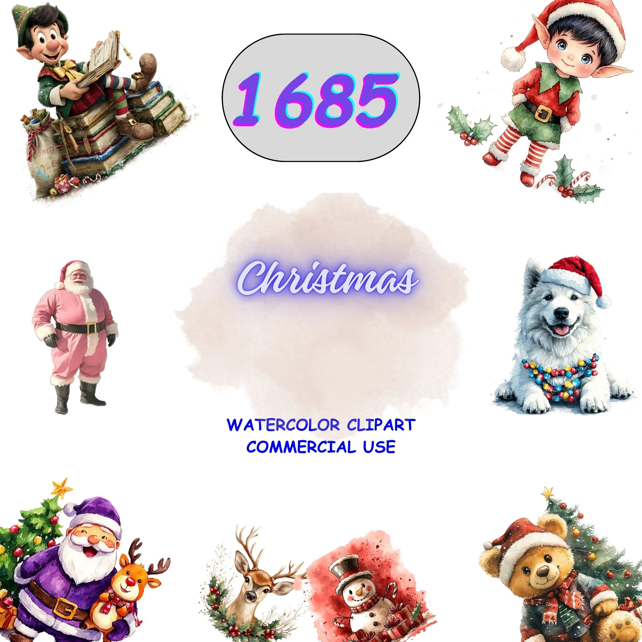 1685 Christmas Clipart Bundle featuring Santa Claus, elves, and winter dogs with lights. Commercial use PNGs for festive sublimation projects.