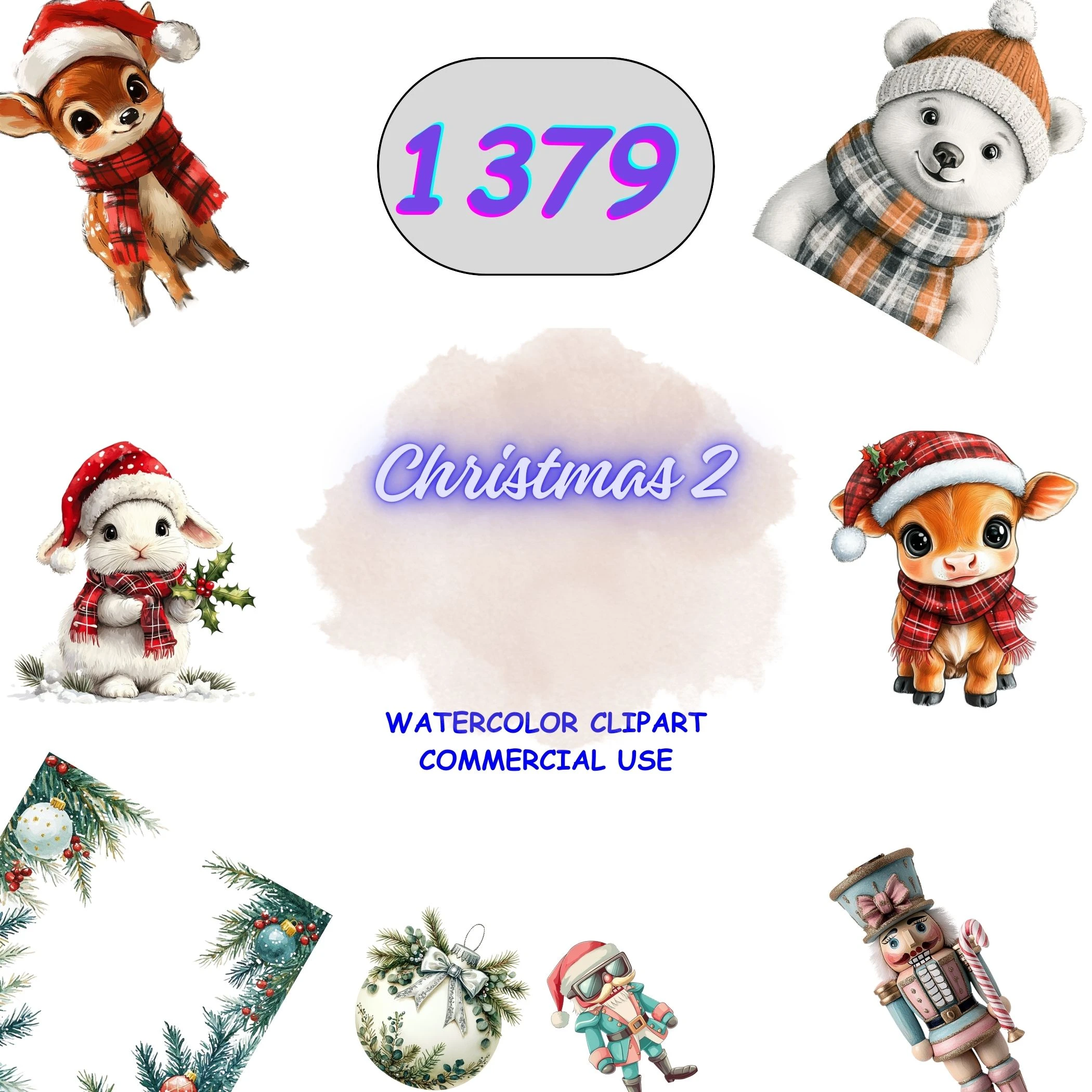 1379 Christmas Clipart Bundle 2 with winter baby deer, polar bears, and nutcrackers. Festive watercolor isolated PNGs for holiday cards and scrapbooking.