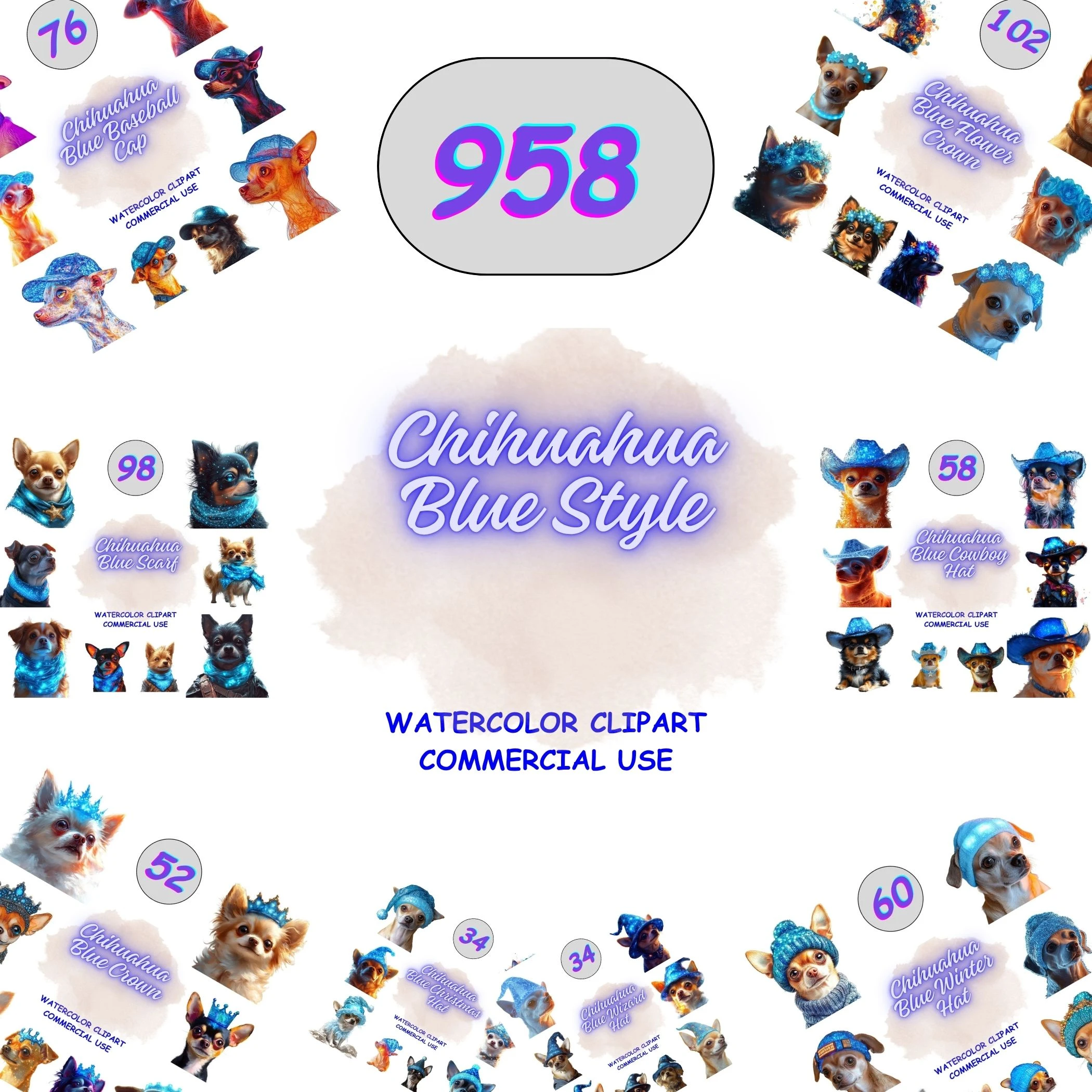 958 Chihuahua Blue Style Clipart collection showing variety of dogs in blue hats, crowns, and scarves. Perfect for stickers and digital scrapbooking layouts.