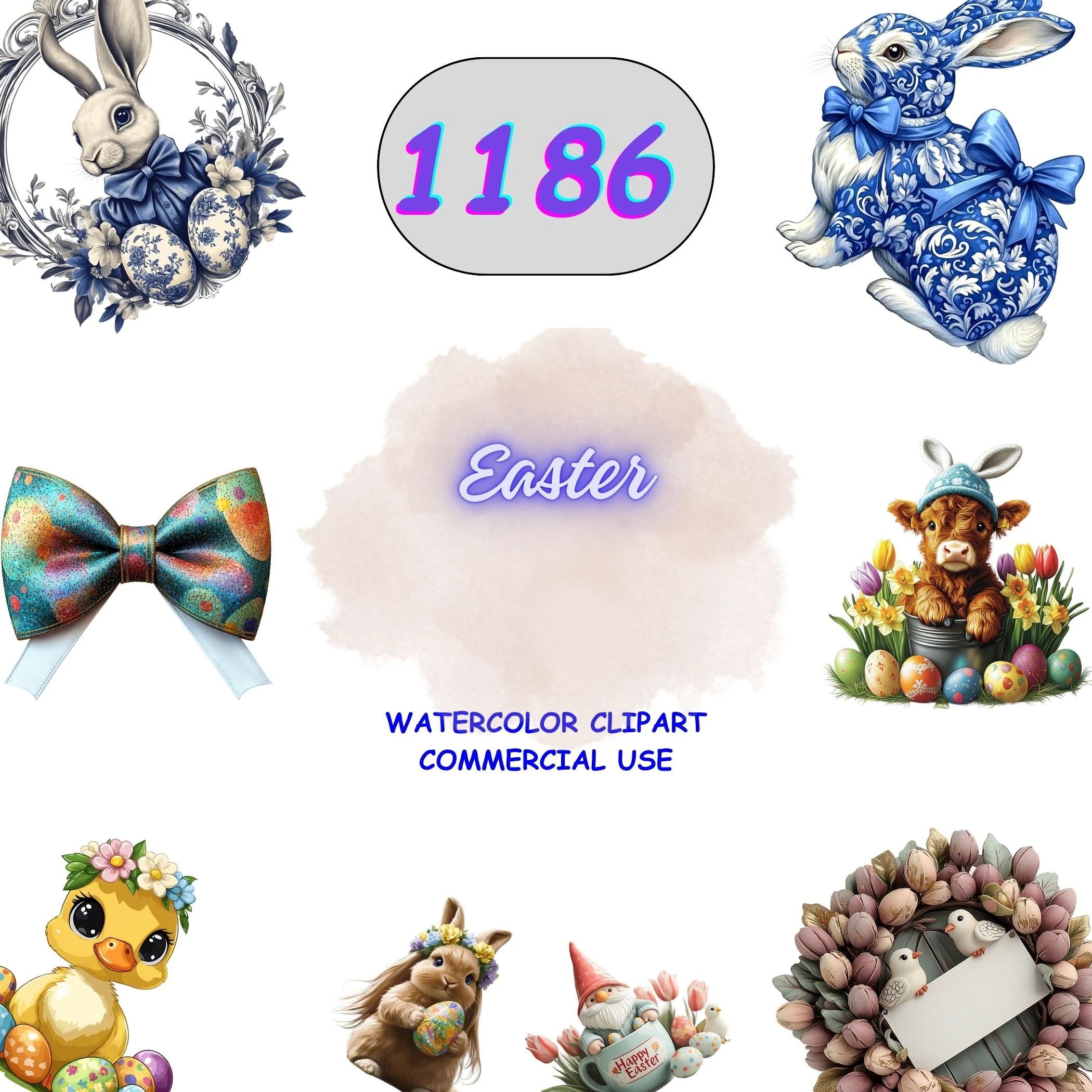 1186 Easter Clipart Bundle featuring blue willow bunnies, floral eggs, and cute spring animals. High-quality isolated PNGs for sublimation and festive crafts.