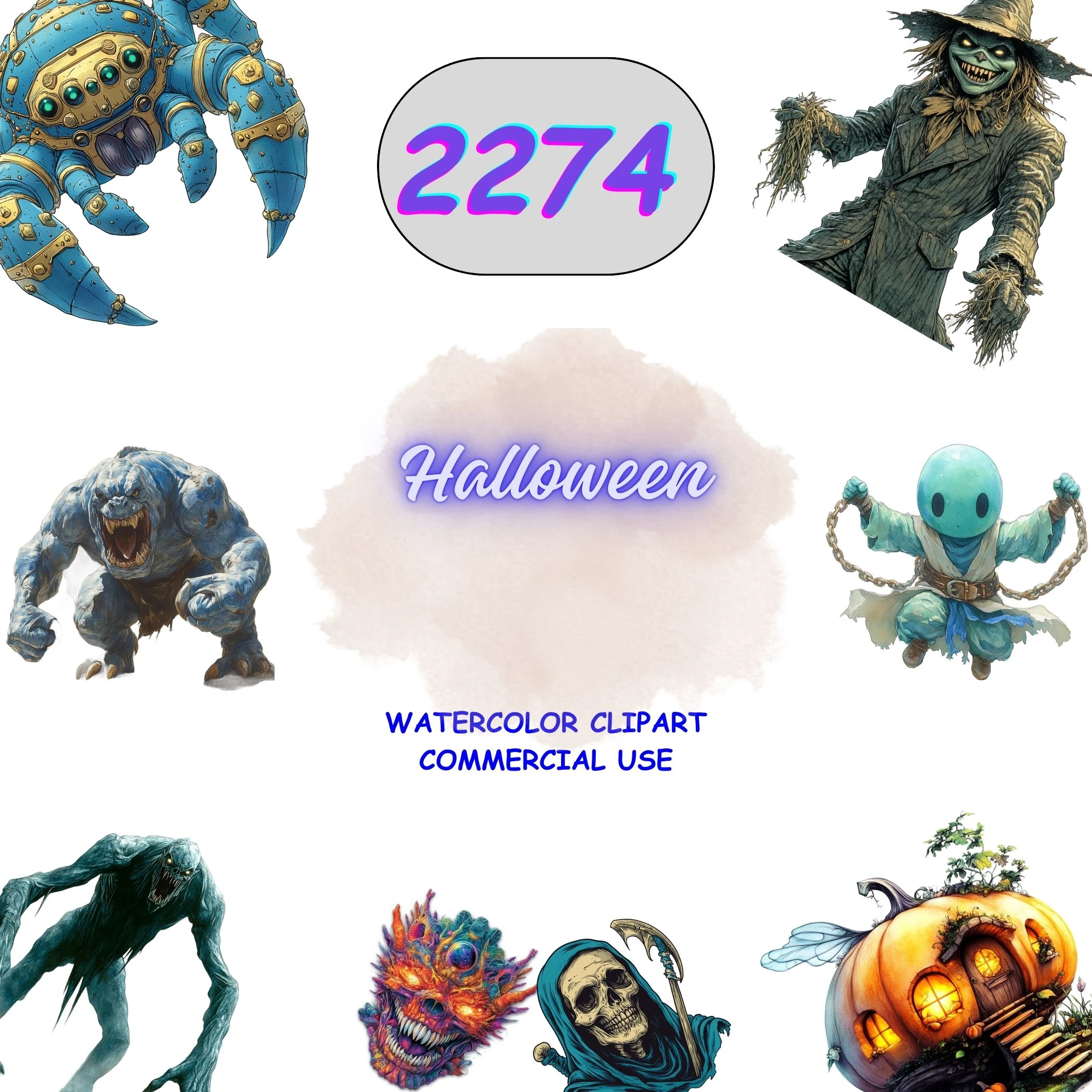 2274 Halloween Clipart Bundle with spooky monsters, scarecrows, and pumpkin houses. Vibrant isolated PNGs for sublimation and festive decor.