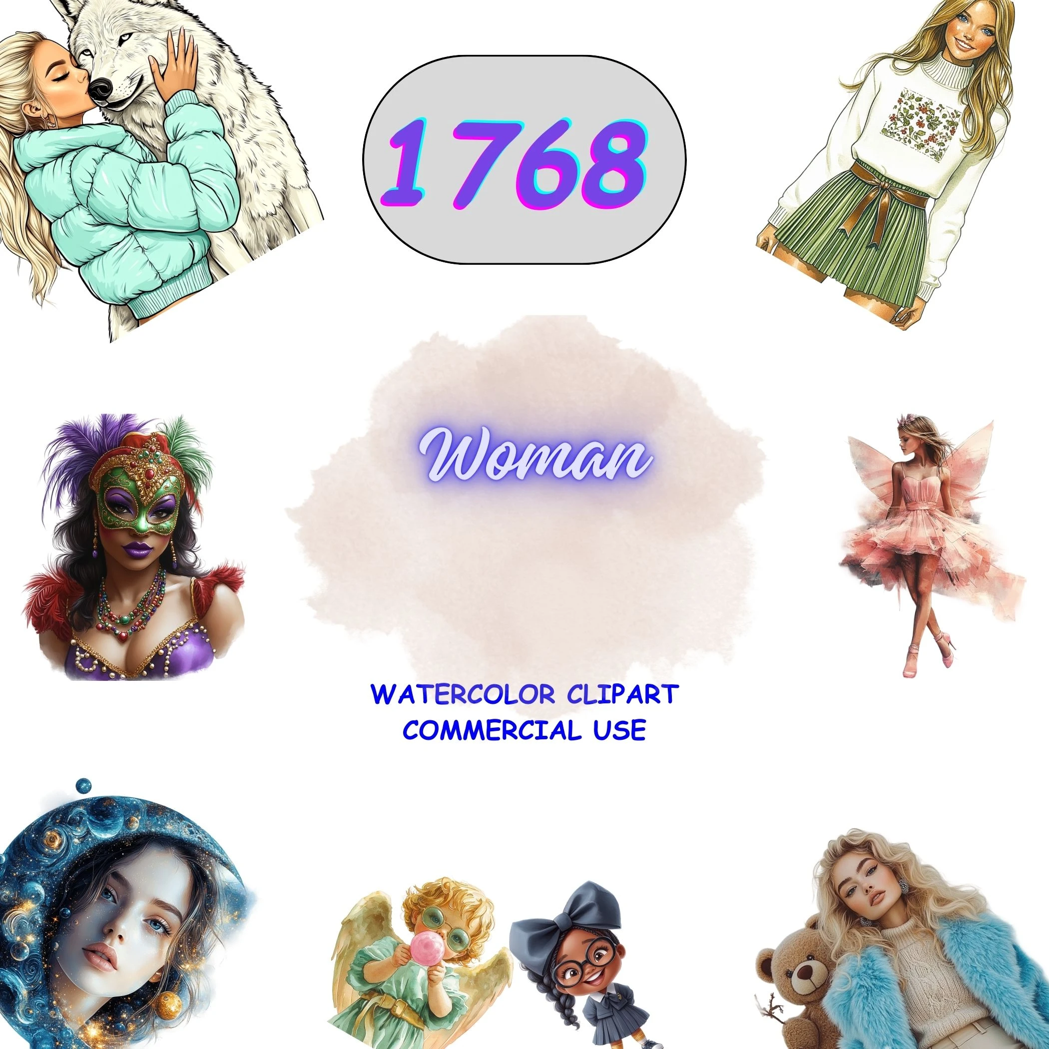 1768 Women Clipart Bundle featuring winter fashion, fairies, and masquerade styles. Isolated watercolor PNGs for planners and digital products.