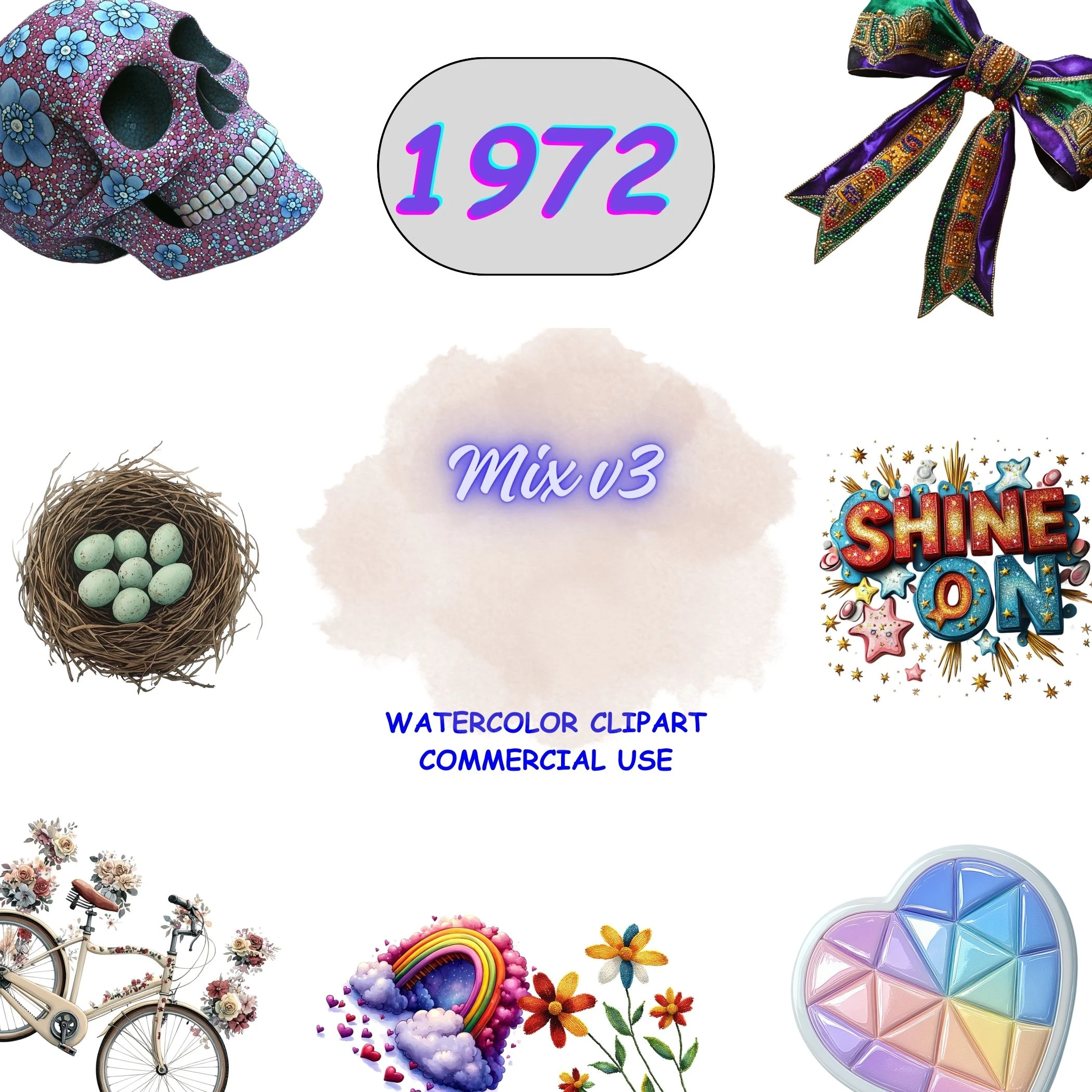 1972 Mix v3 Clipart Bundle featuring floral skulls, bird nests, and vintage bicycles. Assortment of styles for scrapbooking and commercial use.