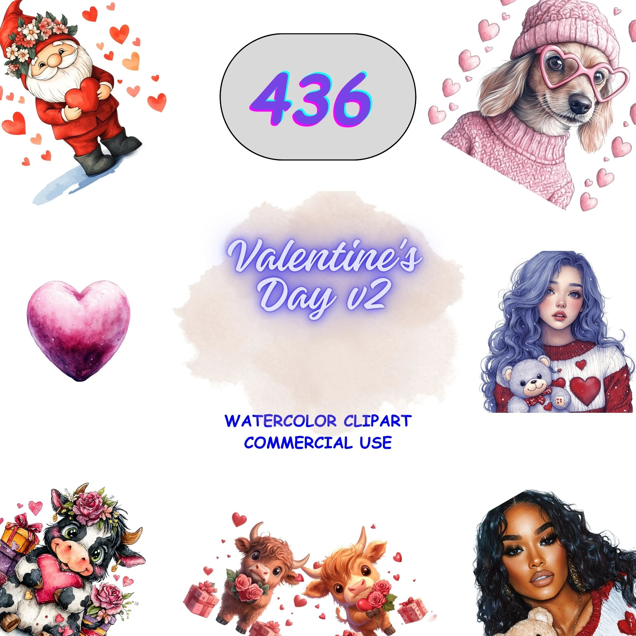 436 Valentine's Day v2 Clipart Bundle featuring romantic hearts, gnomes, and stylish women. Commercial use PNGs for planners and stickers.