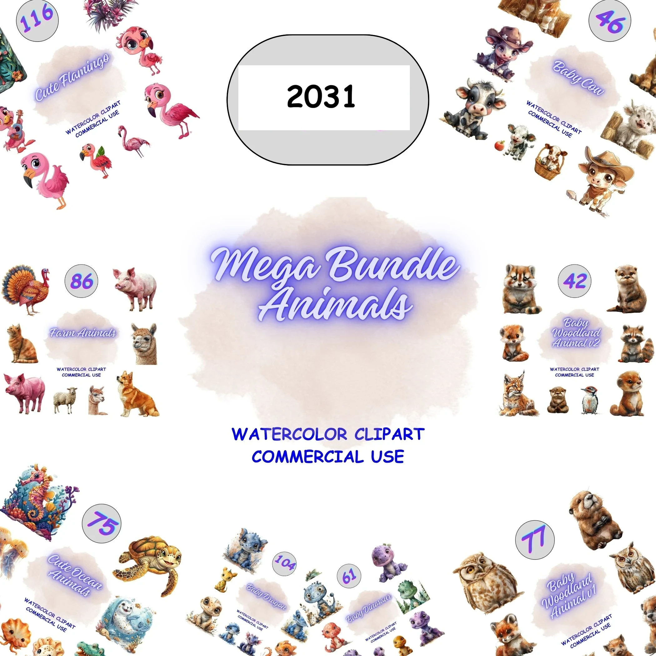 2410 Watercolor Animal Clipart Mega Bundle with baby cows, woodland foxes, dinosaurs, and ocean creatures. High-quality assortment for educational resources.
