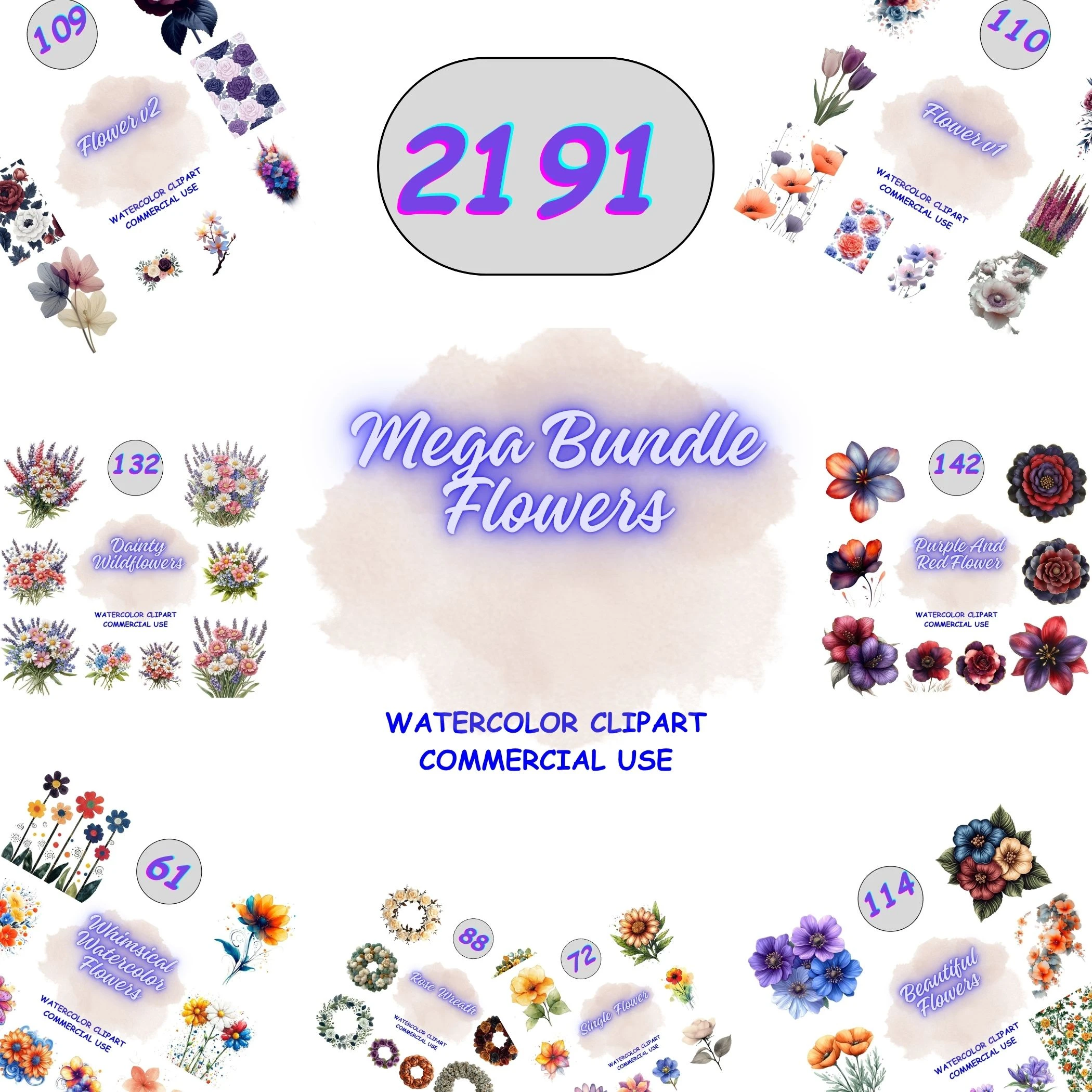 2191 Watercolor Flowers Clipart Mega Bundle including wildflowers, roses, and whimsical floral arrangements. Isolated botanical PNGs for wedding stationery.
