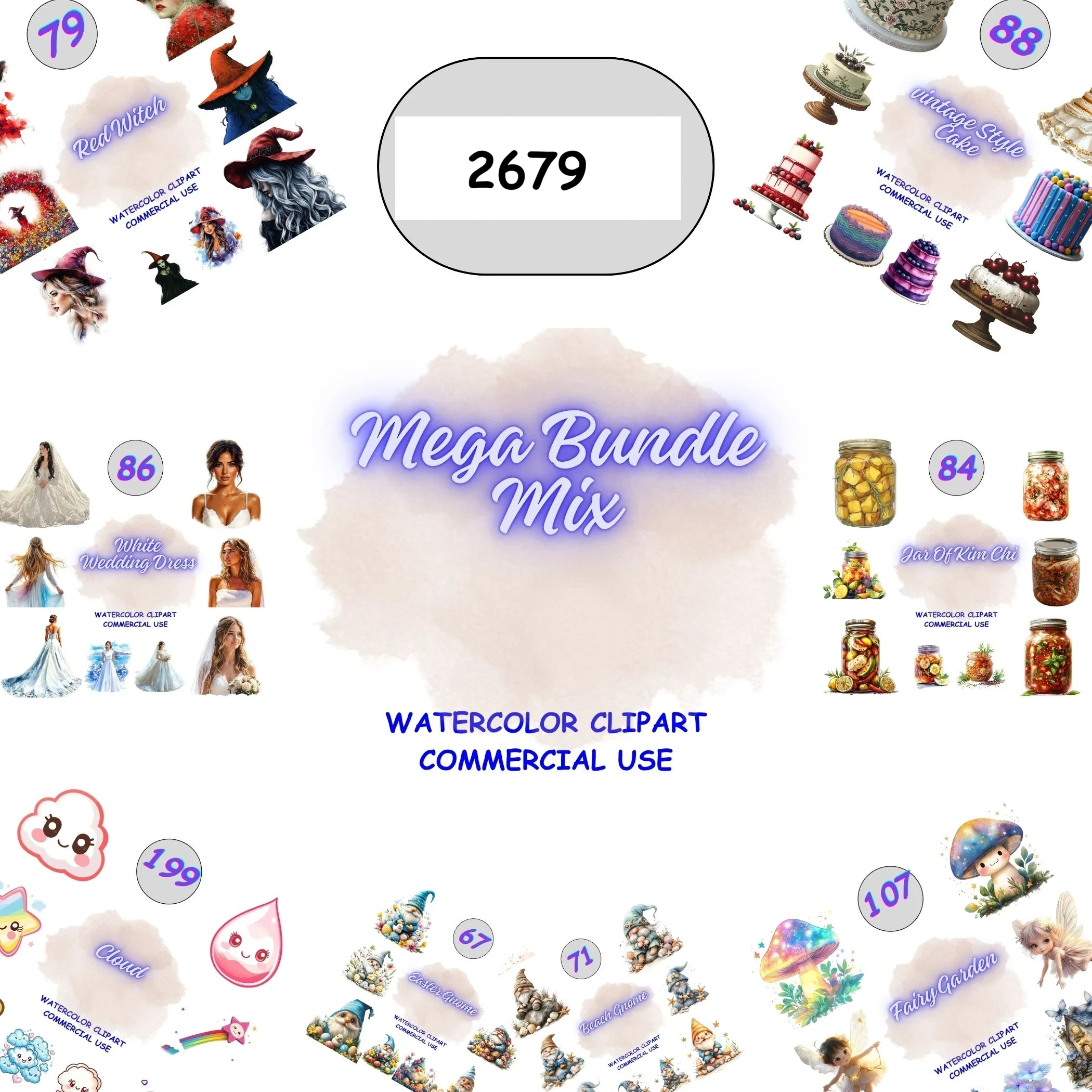 3346 Watercolor Clipart Mega Bundle featuring witches, wedding dresses, gnomes, and fairy garden elements. Diverse collection of isolated PNGs for scrapbooking.