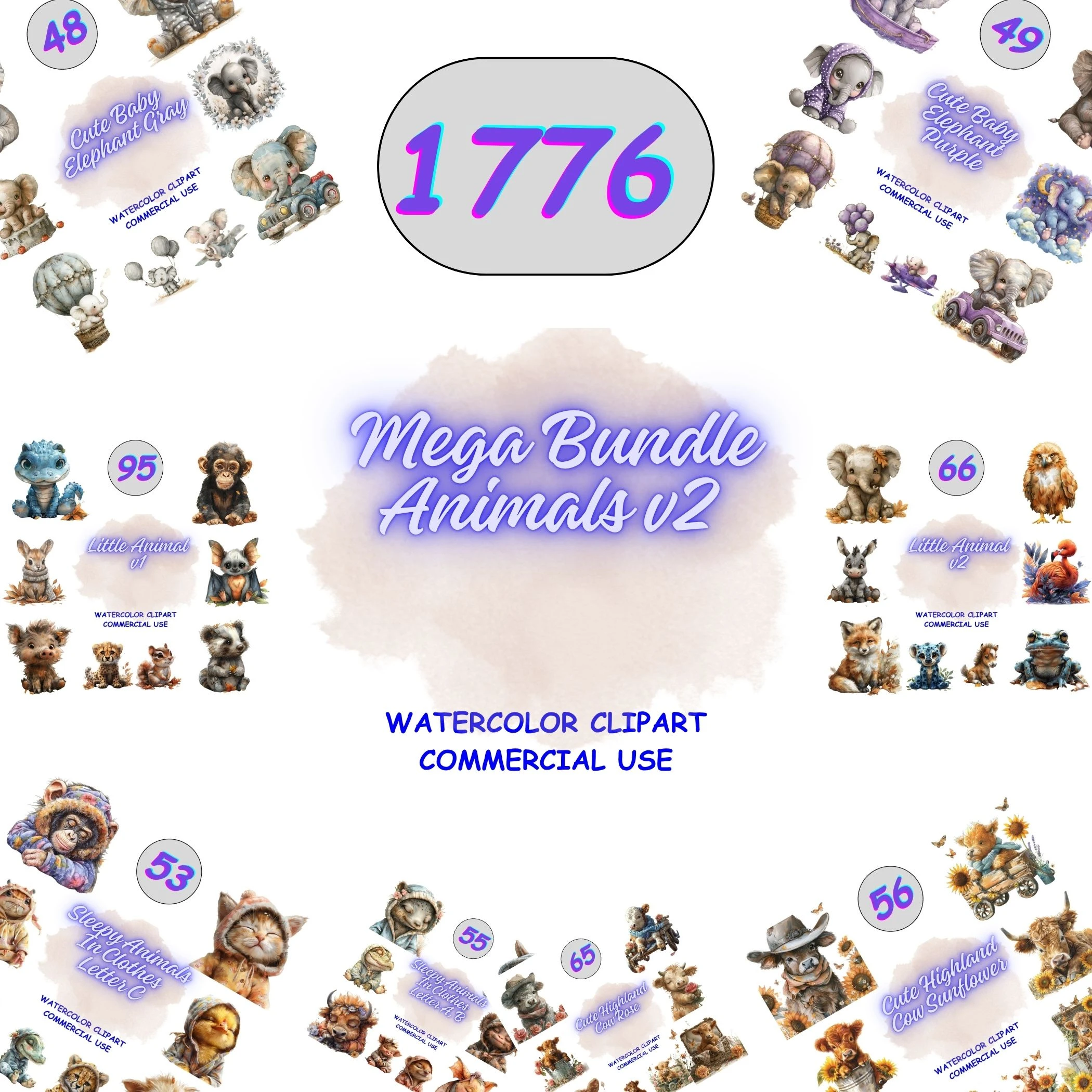 1776 Watercolor Animal Clipart Mega Bundle featuring elephants, monkeys, highland cows, and forest creatures. Large collection of high-quality isolated PNGs for sublimation.