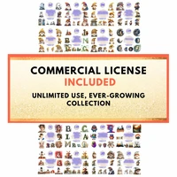 Commercial license infographic included with clipart bundle. Text highlights unlimited use and ever-growing collection suitable for POD businesses.