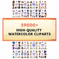 65000+ high-quality watercolor cliparts preview. Grid features diverse portraits, Halloween skulls, and eagles. High resolution PNGs for printing.