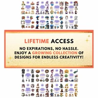 Lifetime access infographic for digital art bundle showing growing collection. Preview includes snakes, gnomes, and peacocks for endless creativity.