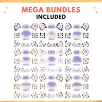 Infographic detailing mega bundles included. Categories display counts for alphabets, dogs, decorative borders, and gnomes.