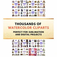 Grid view showing thousands of watercolor cliparts including florals, dragons, and seasonal items. Perfect for stickers, scrapbooking and planner layouts.