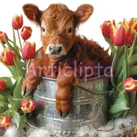 Watercolor highland cow inside a galvanized pail surrounded by red tulips. Spring farm animal clipart for garden flags and greeting cards.