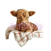 Watercolor baby highland cow resting on a tartan plaid blanket. Cute brown calf isolated clipart for farmhouse nursery decor and sublimation.