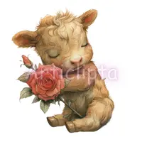 Video preview of Watercolor Highland Cow Flowers Clipart Bundle. Slideshow featuring 30 cute calves in hats and floral buckets. Isolated PNGs for digital scrapbooking.