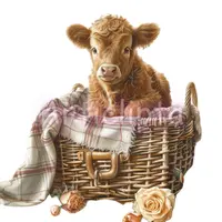 Cute highland cow sitting in a vintage wicker basket with roses. Shabby chic farm animal clipart for baby shower invitations and sublimation.