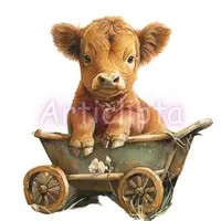Watercolor highland cow calf sitting in a wooden wheelbarrow. Rustic farm animal clipart for gardening themes and country style designs.