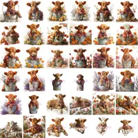 36 Watercolor Highland Cow Clipart Bundle grid view showing calves in galvanized buckets with marigolds, lavender, and tulips, plus calves lying on blankets. Commercial use PNGs for planners.