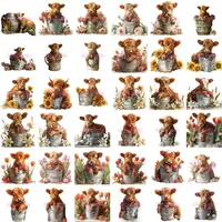 Large collection of Watercolor Highland Cow Clipart featuring calves in buckets with tulips and roses. High-quality isolated PNGs for sublimation and stickers.