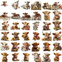 36 Watercolor Highland Cow Clipart Bundle grid view showing calves with roses, sunflowers, and lilies, lying on blankets or sitting. Isolated PNGs for spring themed crafts and journals.
