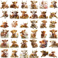 36 Cute Highland Cow Clipart Bundle grid view showing calves lying down, sitting, hugging another calf, and interacting with tulips and sunflowers. Isolated PNGs for sublimation and print.