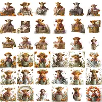 36 Cute Highland Cow Clipart Bundle grid view showing calves in wicker baskets, trunks, and metal watering cans with sunflowers and lilies. Perfect for digital scrapbooking and planner layouts.