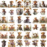 36 Watercolor Highland Cow Clipart Bundle grid view featuring calves sitting in watering cans, rustic wheelbarrows, and wearing bows, surrounded by lavender and sunflowers. Isolated PNGs for sublimation.