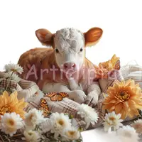 White and brown baby cow lying in flowers with monarch butterflies. Spring meadow theme watercolor clipart for scrapbooking and Easter projects.