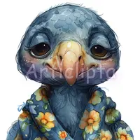 Watercolor blue bird fledgling with big eyes wearing a blue floral kimono robe. Cute sleepy animal character isolated clipart for sublimation and nursery art.