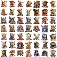 Sleepy Animals Clipart Bundle grid view showing variety of poses featuring pigs, lions, and raccoons ready for bed. Isolated watercolor PNGs for digital planning.